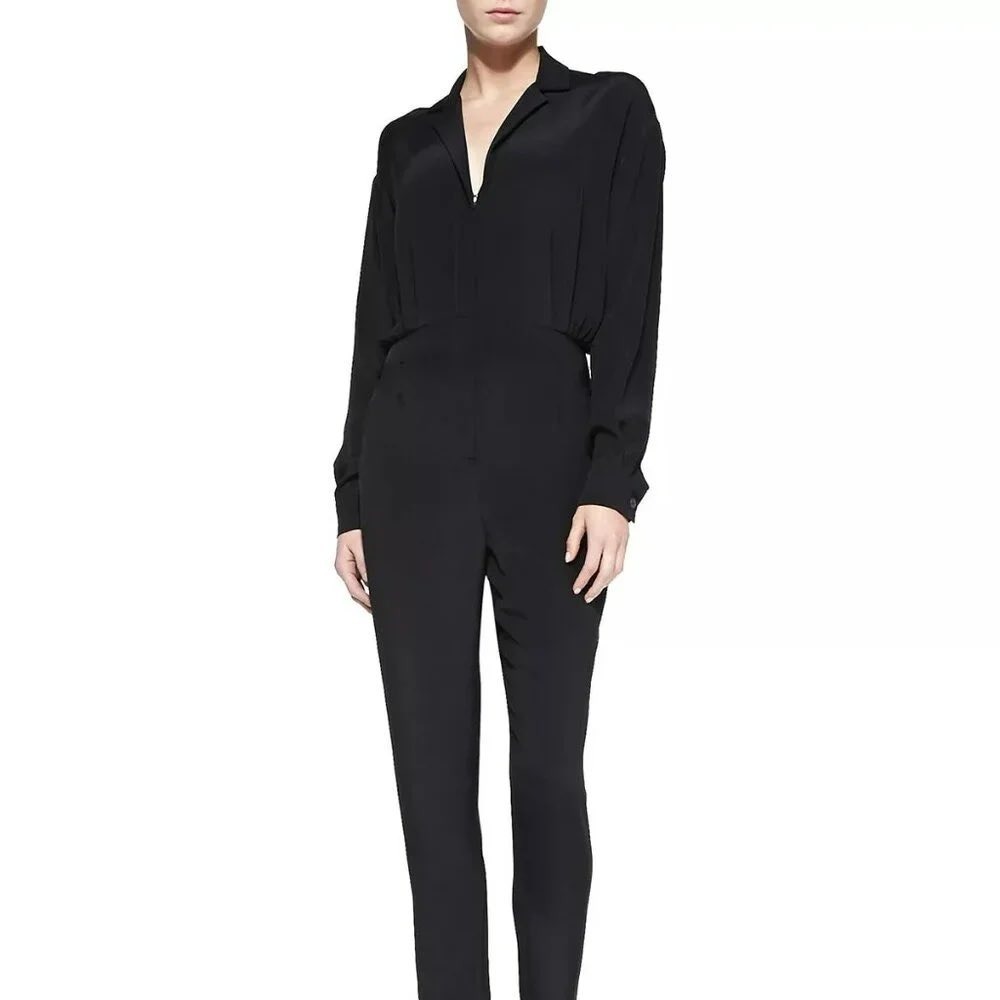 Tamara Mellon Black 100% Silk Long Sleeve Pleated Jumpsuit Size 2 US